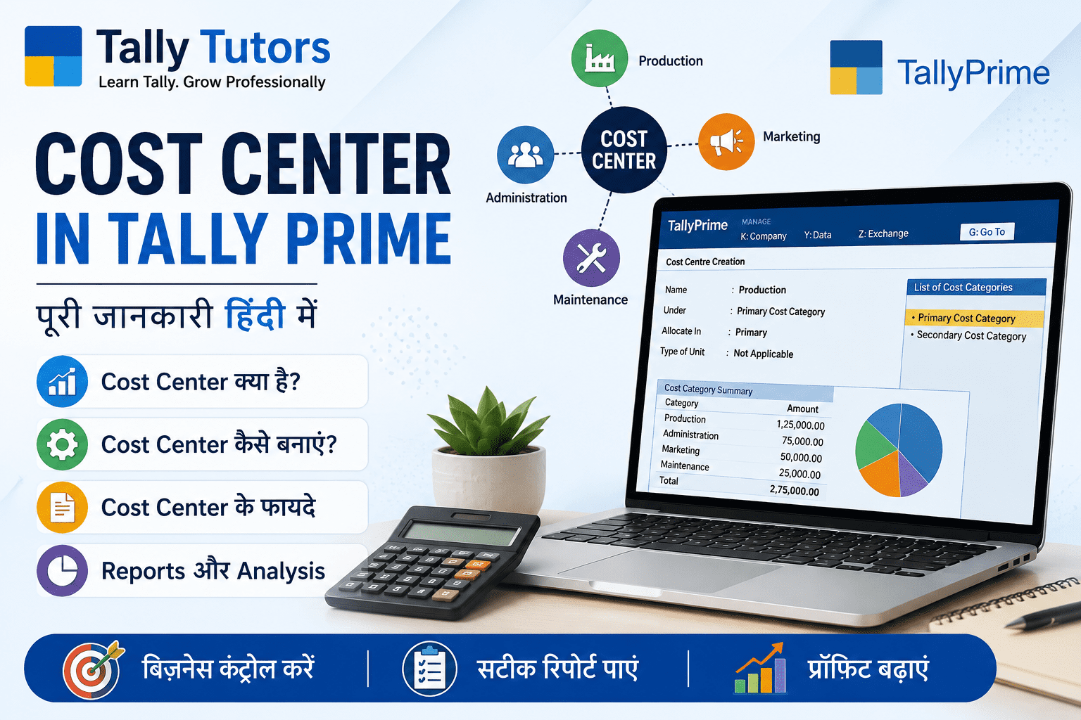 How to use cost center in Tally Prime. Hindi Guide.