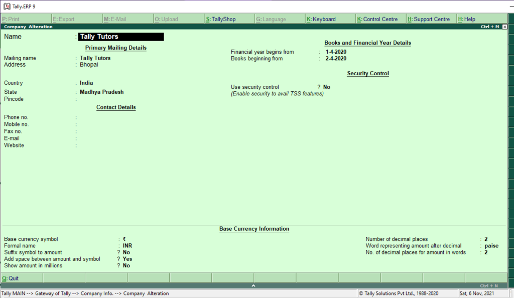 Create Company in Tally ERP9 in Hindi