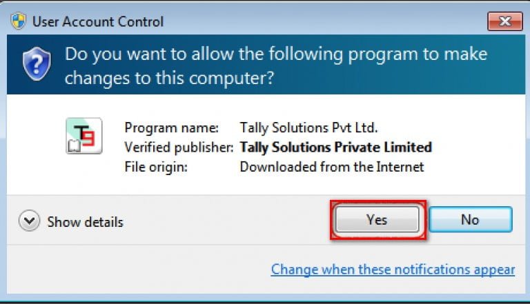 User Account Control - Install Tally.ERP9