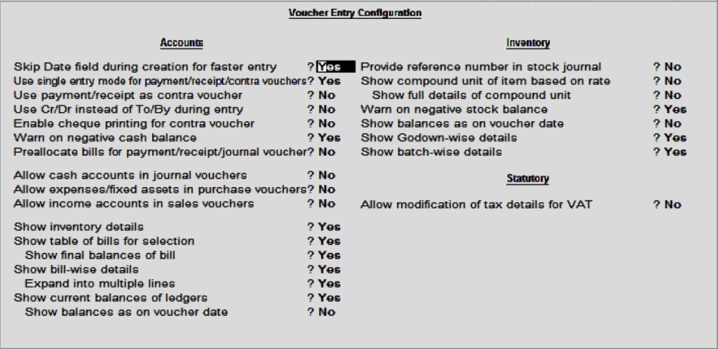 Tally F12 Voucher Entry Configuration