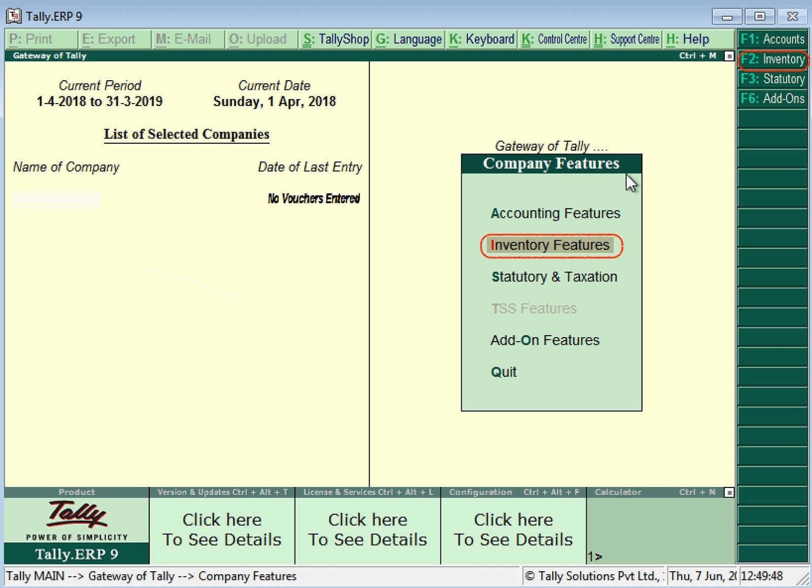 F11 Inventory Features in Tally ERP9