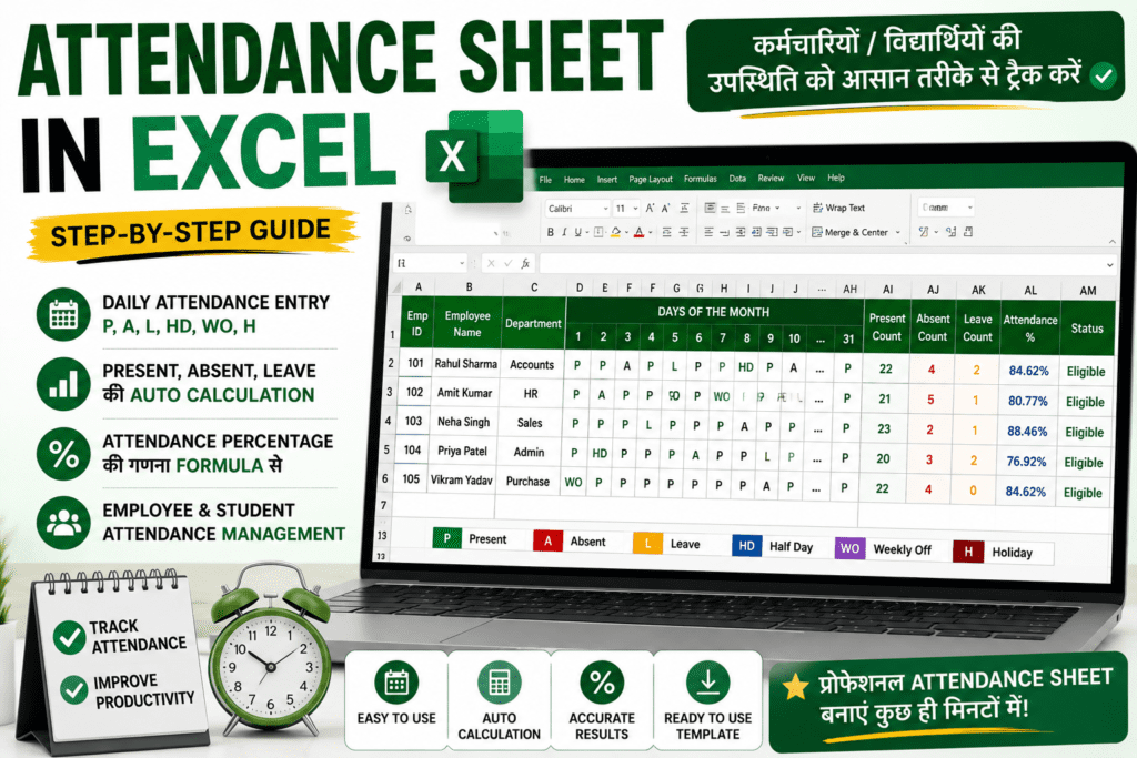 Attendance Sheet in Excel कैसे बनाएं? Format, Formula और Template (Hindi Guide) 1 Attendance Sheet Excel Format, Template, Hindi Guide