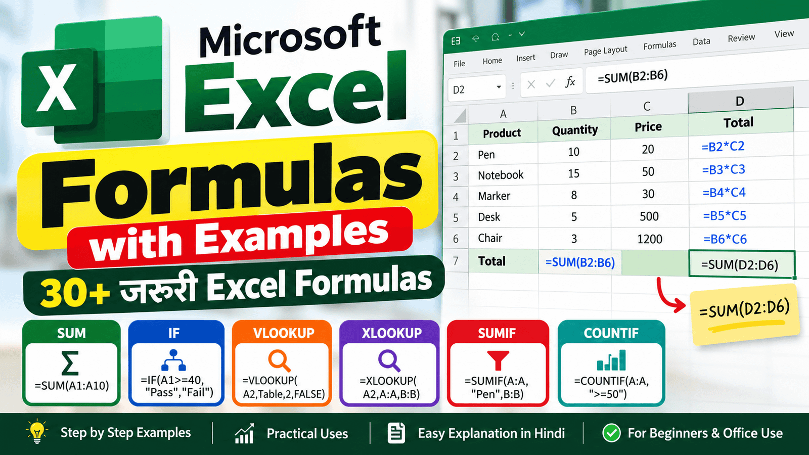 Microsoft Excel Formulas with Examples: 30+ जरूरी Excel Formulas हिंदी में 1 Microsoft Excel Formulas with Examples: 30+ जरूरी Excel Formulas हिंदी में